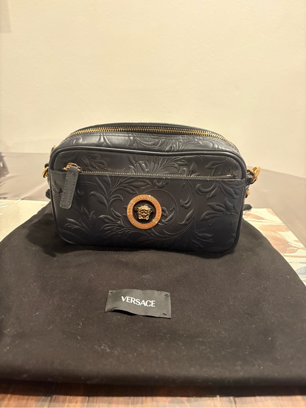 Versace Embossed Navy Leather Medusa Crossbody with Gold Hardware